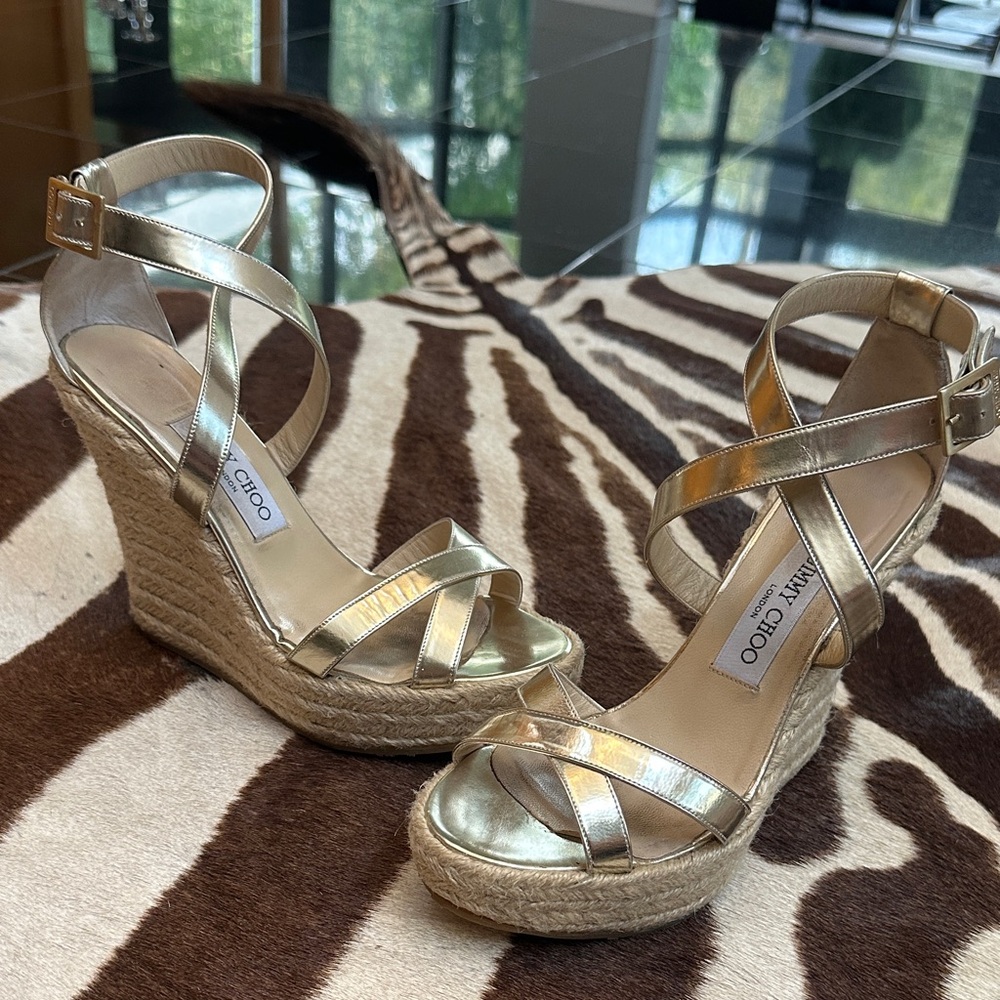 Jimmy Choo Metallic Gold Wedge Sandals